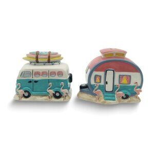 Flamingo Camper Ceramic Salt and Pepper Shaker set Retro camper lifestyle